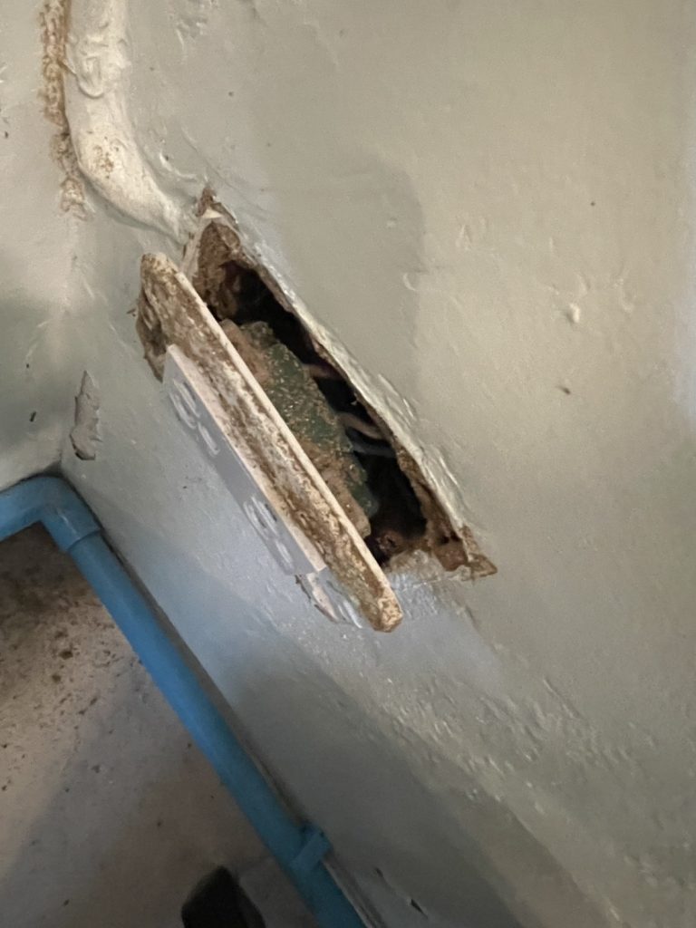 ปลั๊กไฟที่มีรอยปลวกเข้าไปทำรัง